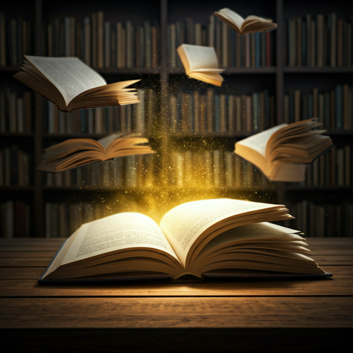 A magical library with floating books and glowing dust