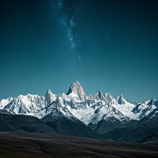 Snowy mountain peaks under a starry sky